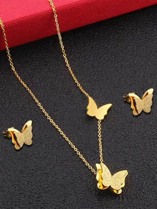 SHEIN طقم مجوهرات عقد وأقراط فولاذ مقاوم للصدأ بتصميم فراشة
