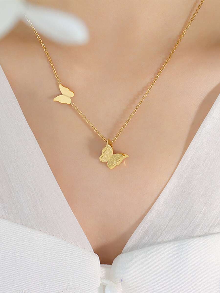 SHEIN طقم مجوهرات عقد وأقراط فولاذ مقاوم للصدأ بتصميم فراشة