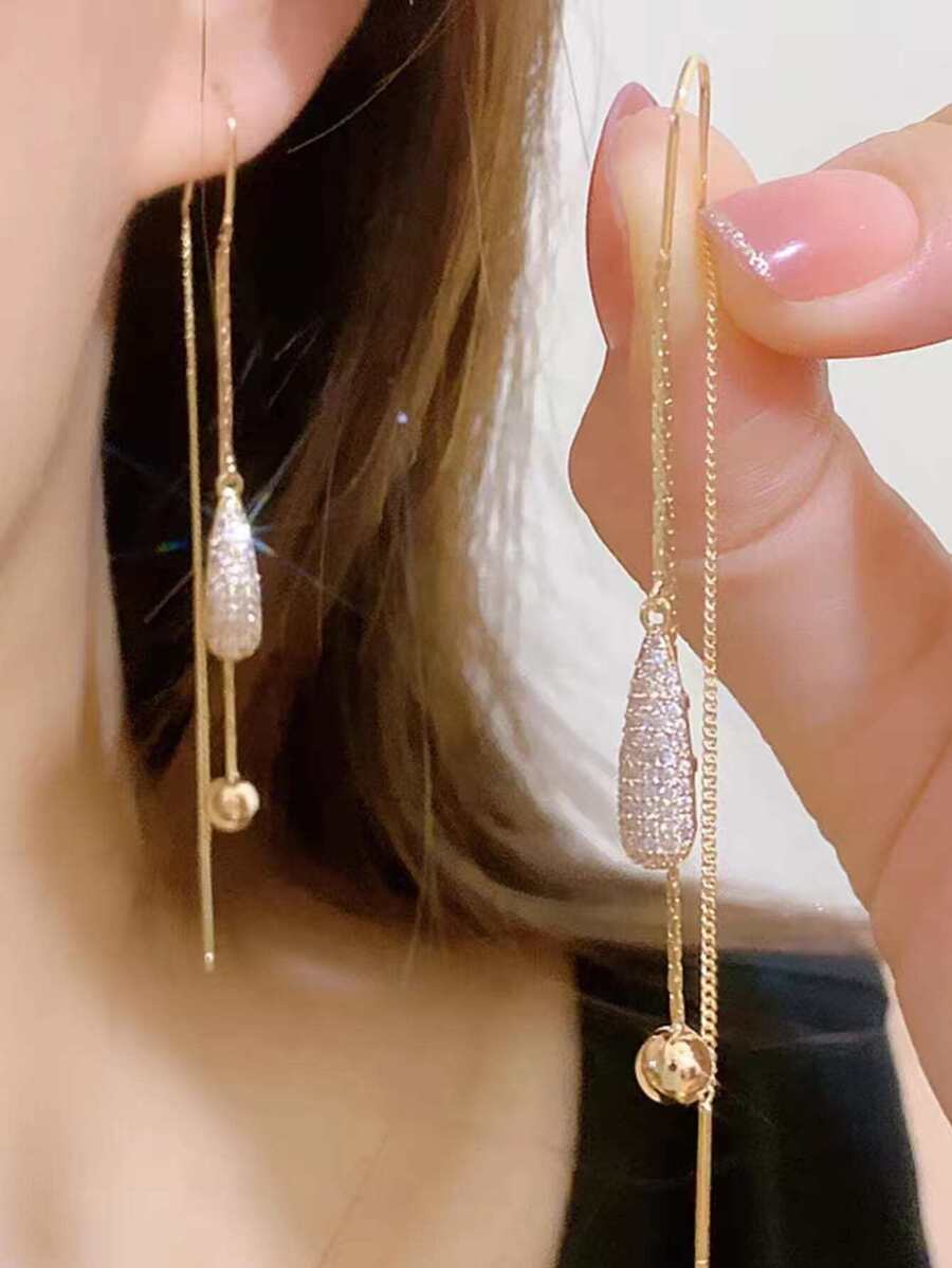 SHEIN زوج أقراط قطرات ماء بحجر الراين وسلسلة طويلة