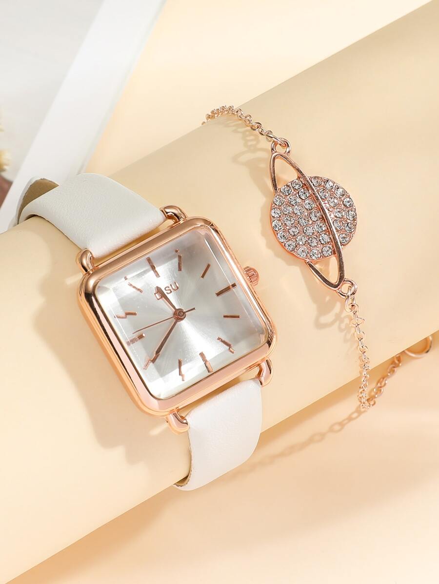 SHEIN DISU ساعة كوارتز مربعة مع سوار