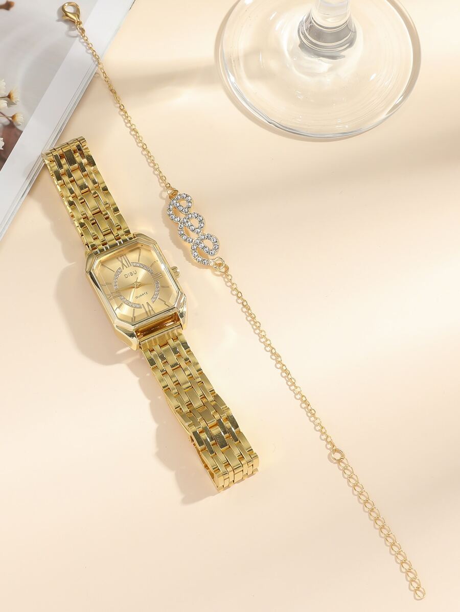 SHEIN DISU ساعة كوارتز متعددة الأوجه مع سوار هدية