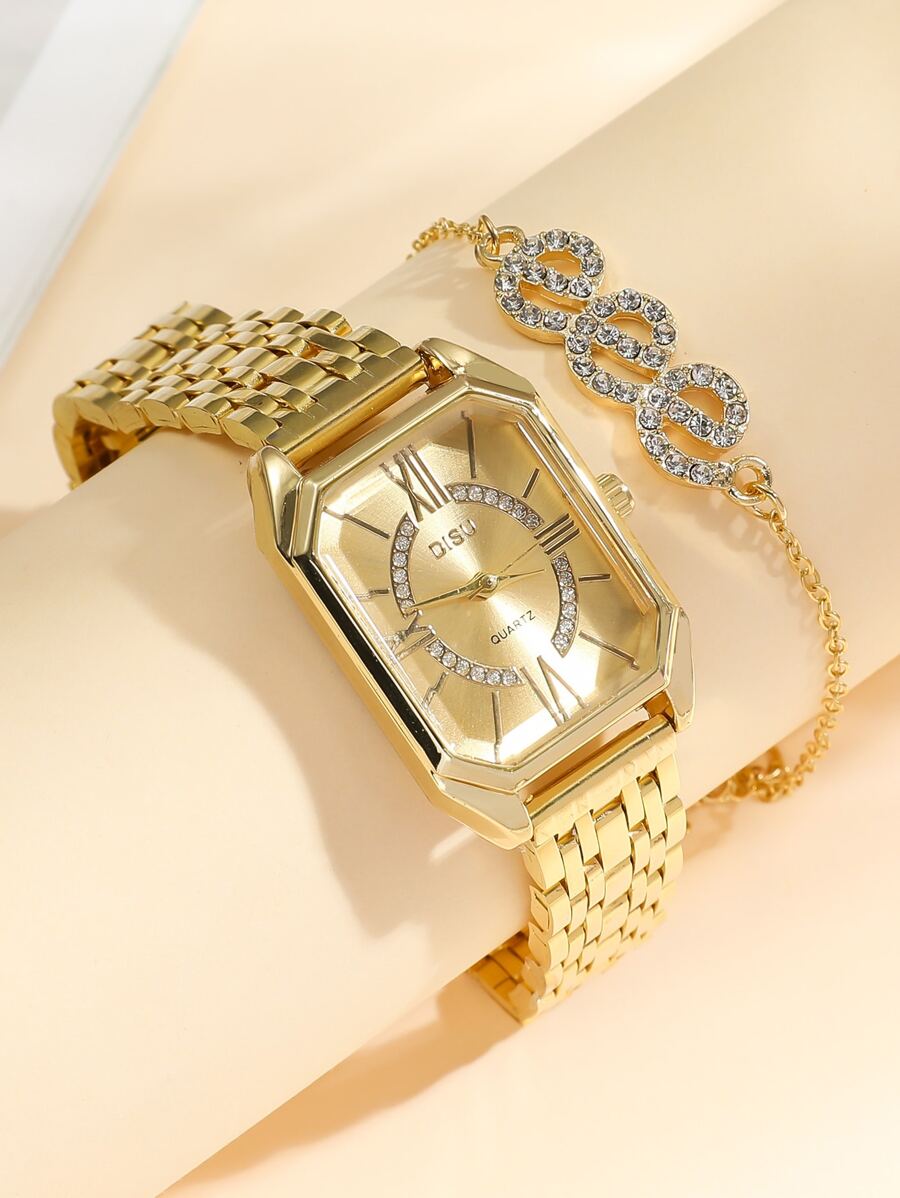 SHEIN DISU ساعة كوارتز متعددة الأوجه مع سوار هدية