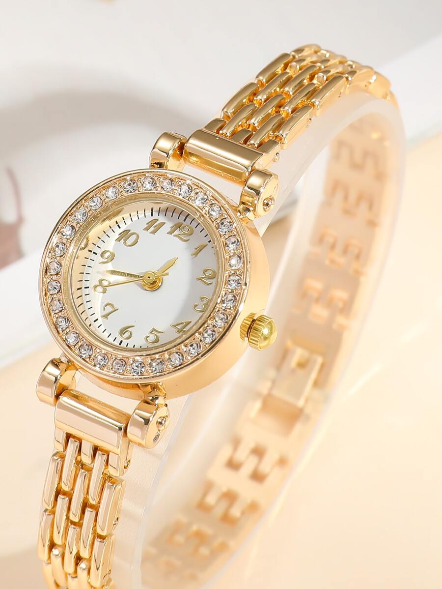 SHEIN ساعة كوارتز نسائية ذهبية مرصعة بالراين