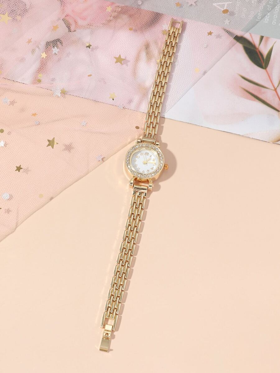 SHEIN ساعة كوارتز نسائية ذهبية مرصعة بالراين