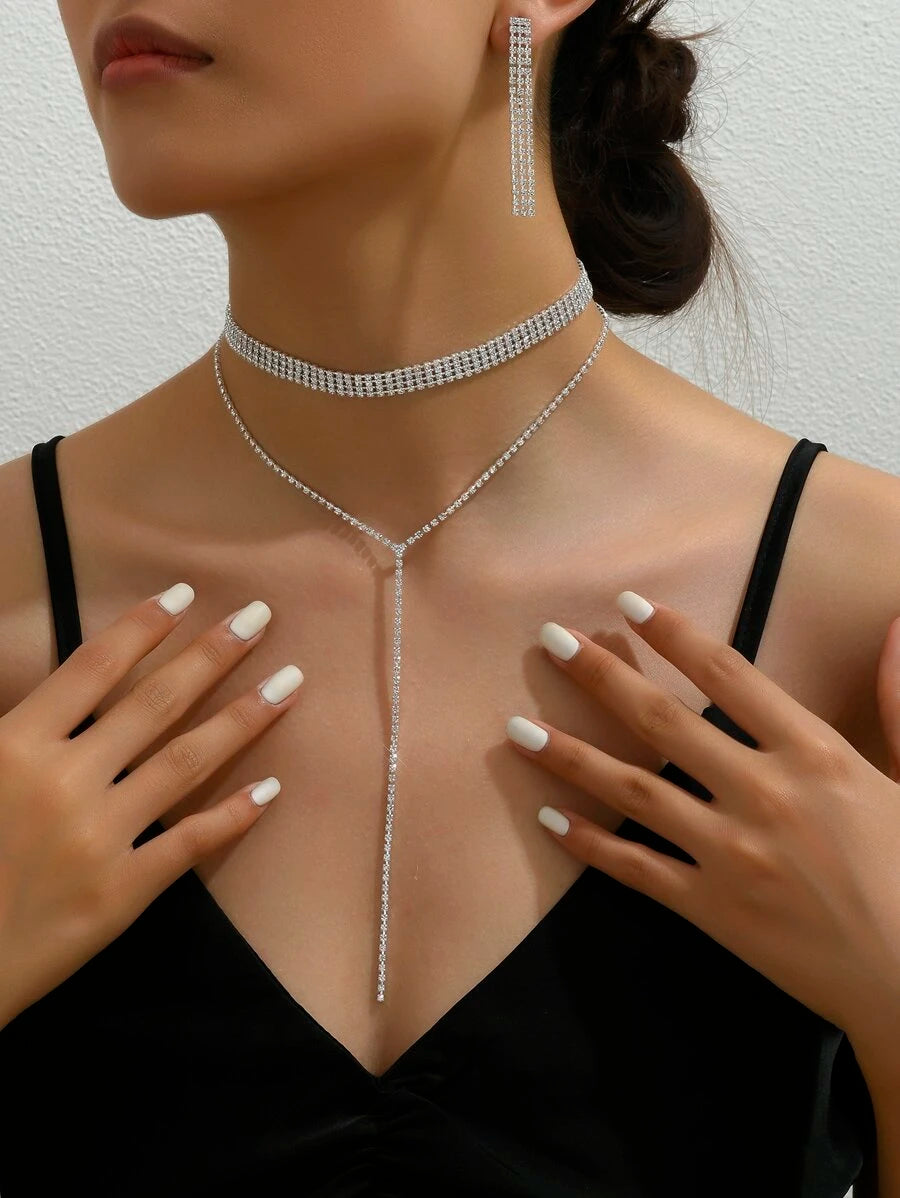 SHEIN قلادة فضية مزدوجة مع أقراط راين