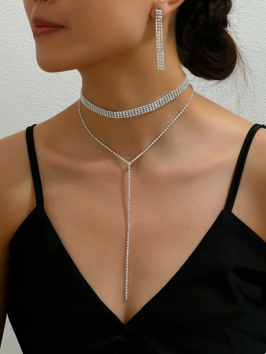 SHEIN قلادة فضية مزدوجة مع أقراط راين