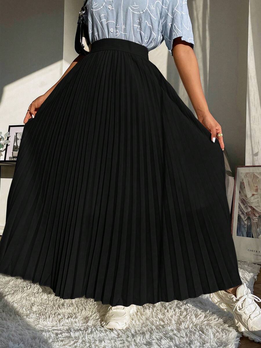 SHEIN Mulvari تنورة سوداء طويلة بطيات