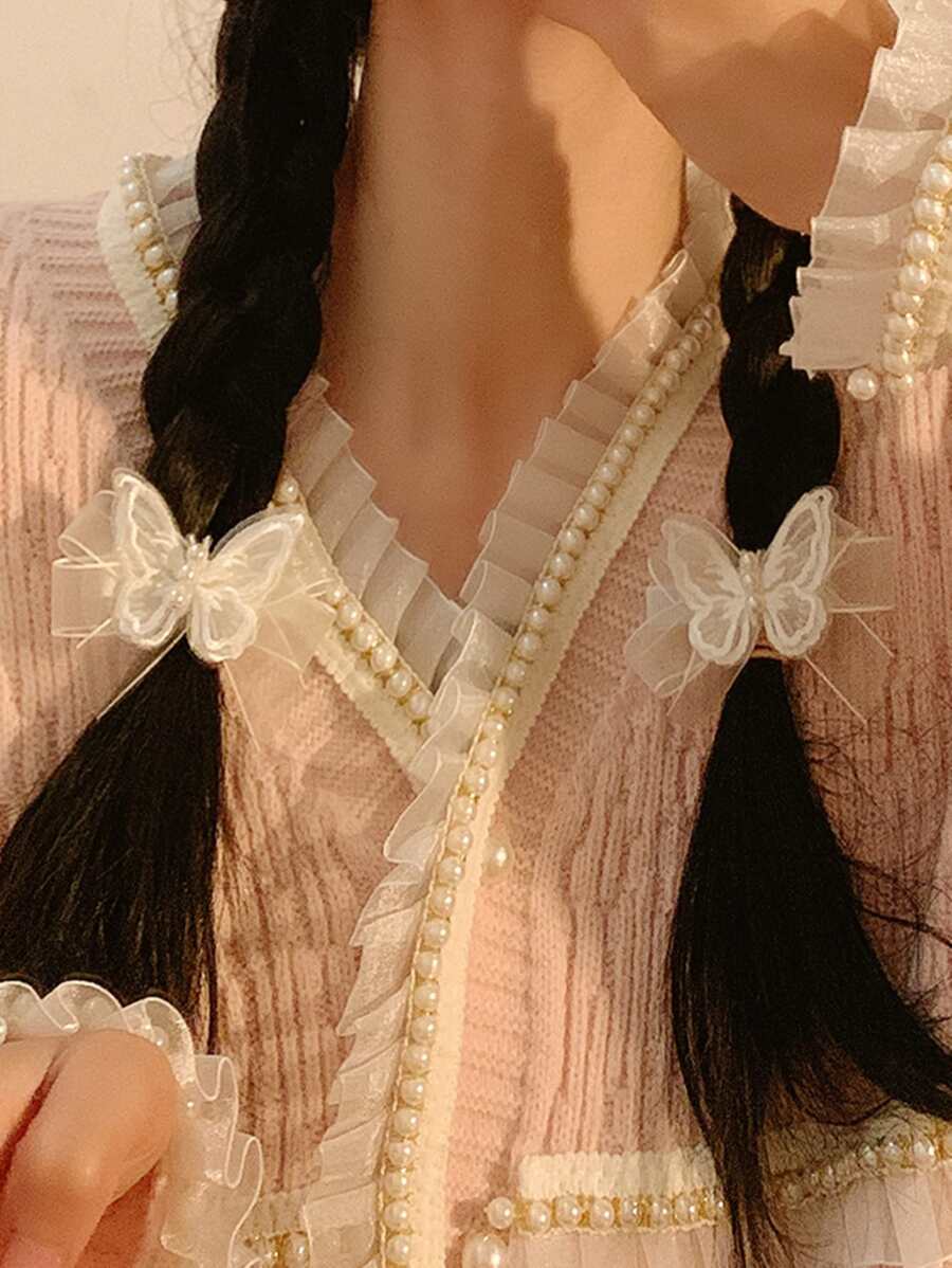 SHEIN طقم 4 قطع مشابك شعر بشكل فراشة بيضاء مزينة خرز وقماش