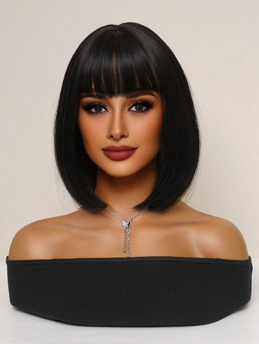 SHEIN باروكة شعر مستعار بوب قصير أسود مع جانبين مائلين