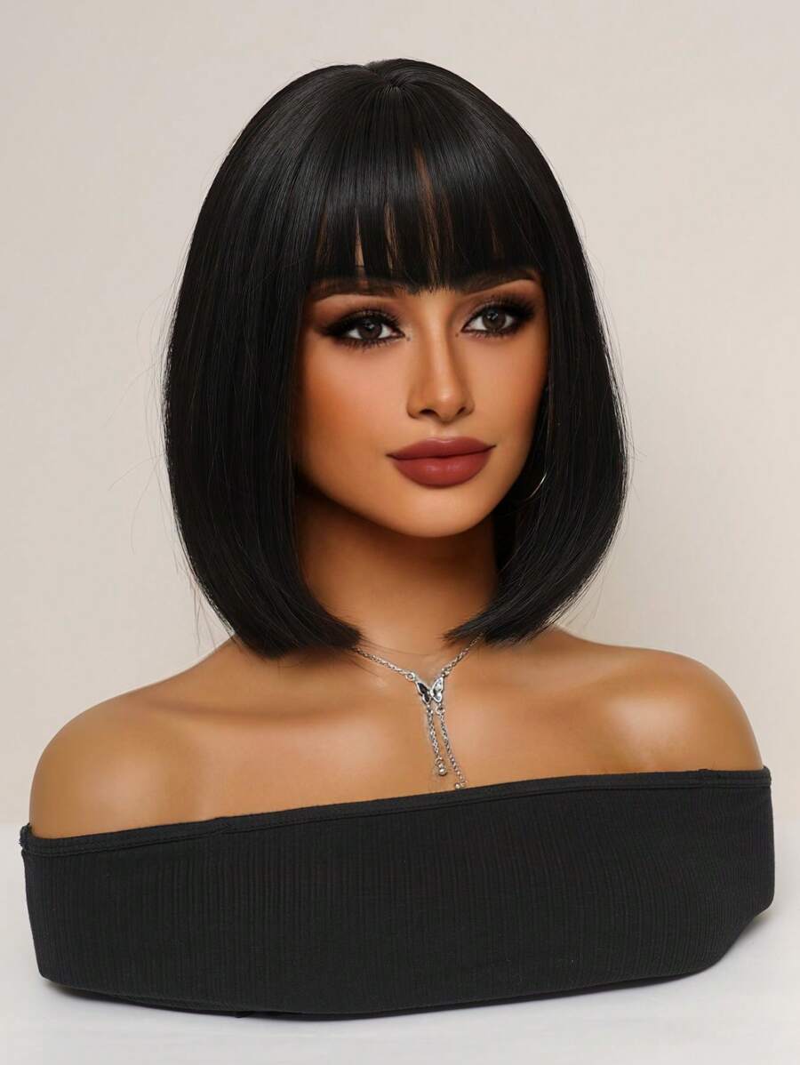 SHEIN باروكة شعر مستعار بوب قصير أسود مع جانبين مائلين