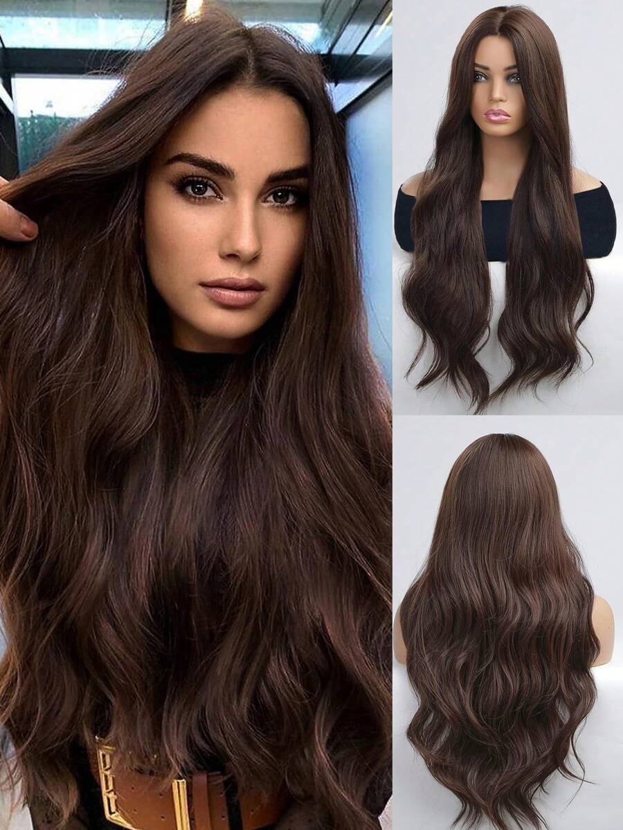 SHEIN شعر صناعي بني طبيعي طويل 24 بوصة مجعد