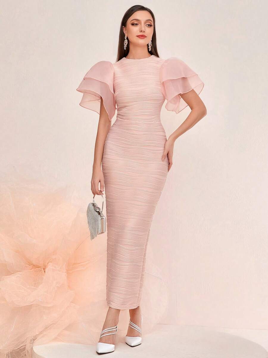 SHEIN Modelyn فستان وردي طويل جاكارد بأكمام متدلية