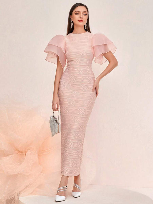 SHEIN Modelyn فستان وردي طويل جاكارد بأكمام متدلية