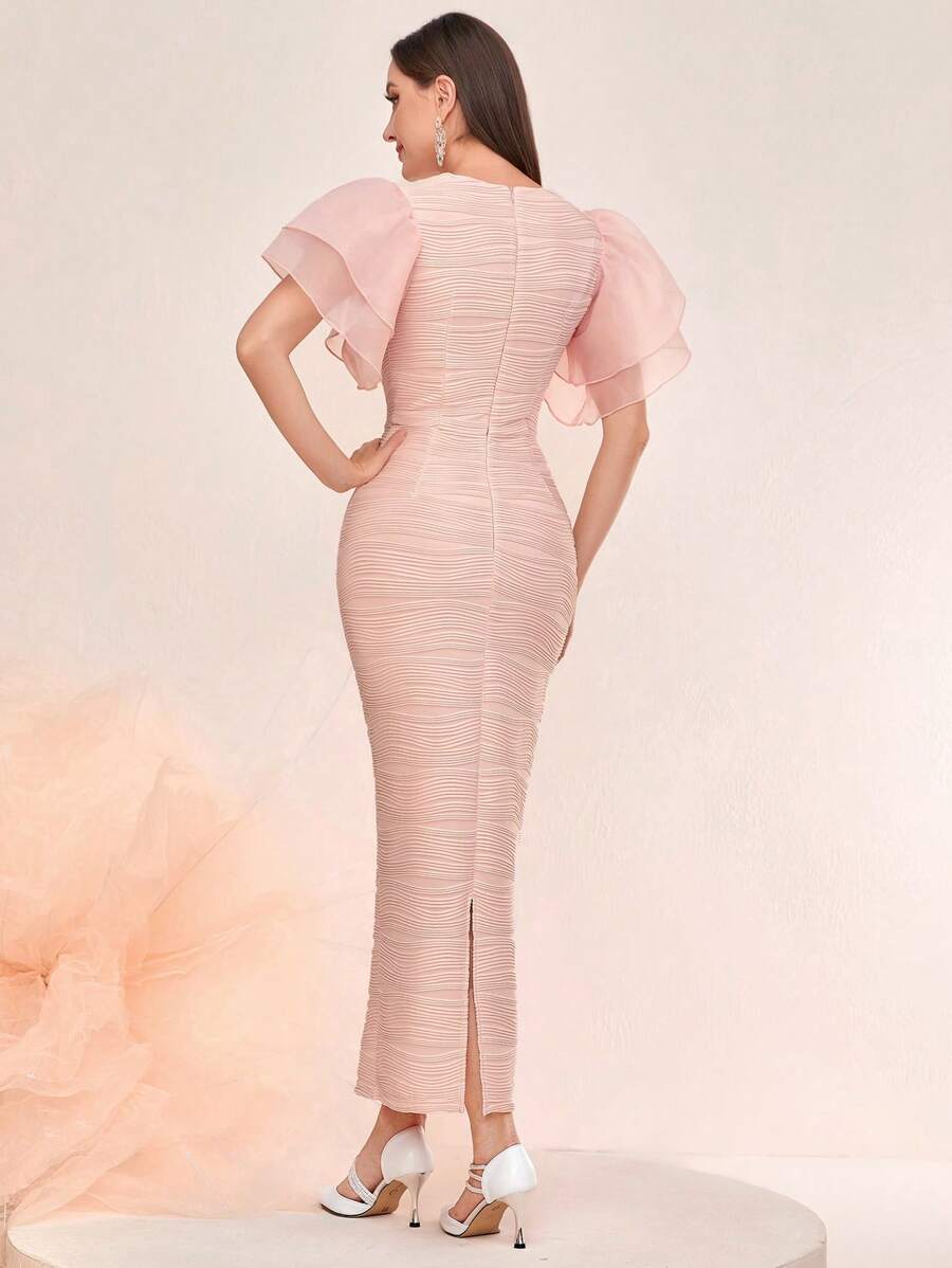 SHEIN Modelyn فستان وردي طويل جاكارد بأكمام متدلية