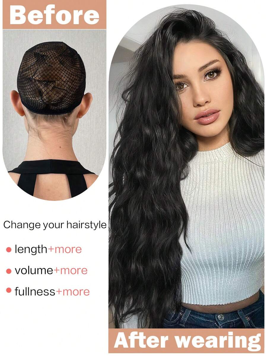 SHEIN إضافات شعر صناعي مموج مائي أسود 22 بوصة 16 مشبك