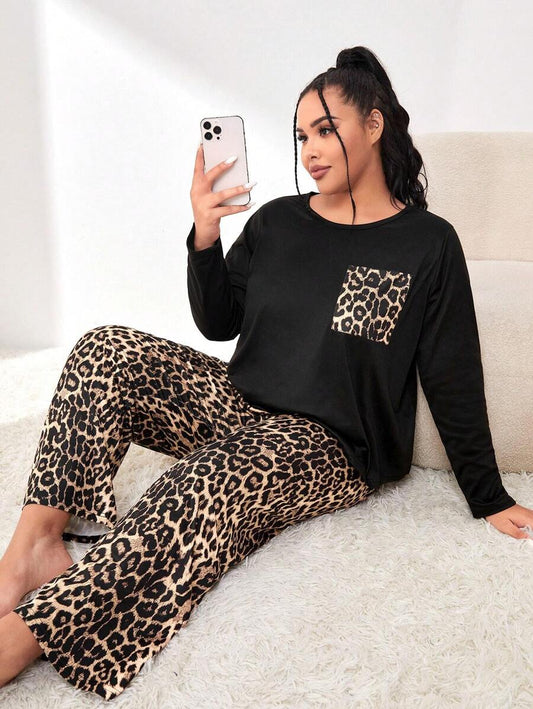 SHEIN بيجامة مطبوعة بنمر مع جيب مرقع