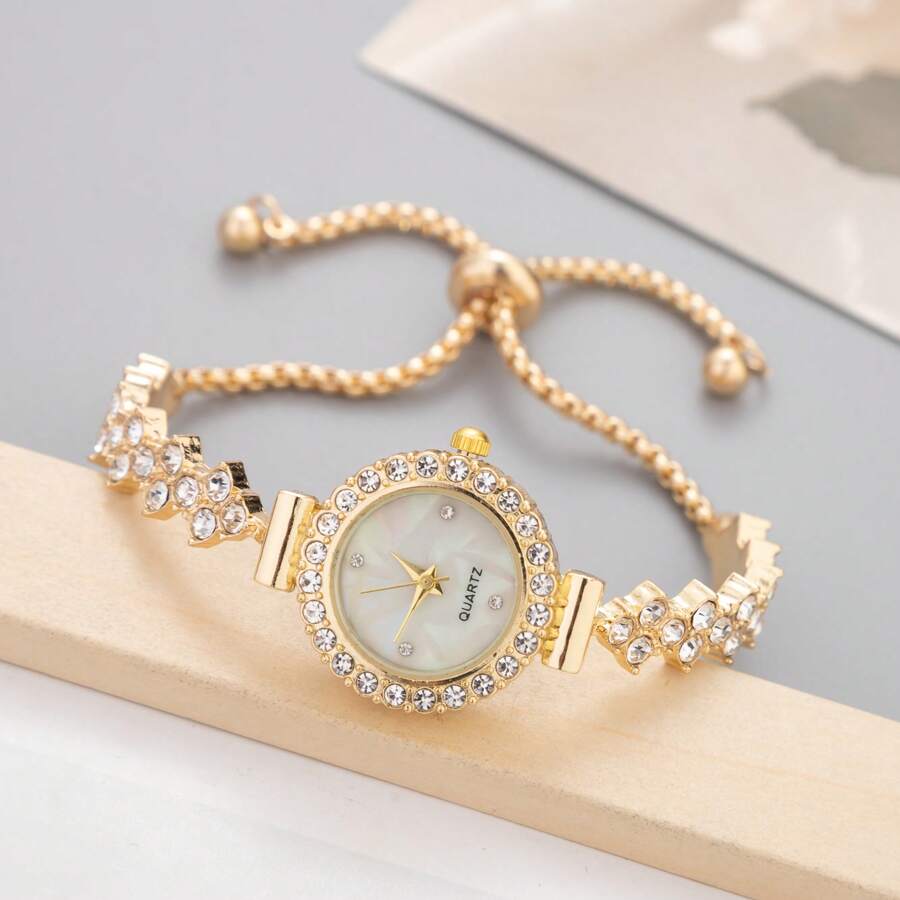 SHEIN ساعة نسائية كاجوال بقرص دائري مزخرف بالكريستال