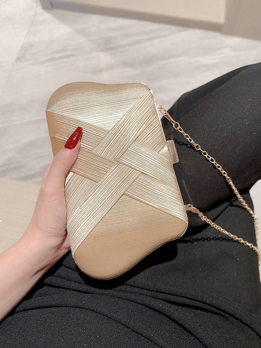 SHEIN حقيبة دلو ذهبية صغيرة مزينة بالراين وخرز بسحاب للحفلات