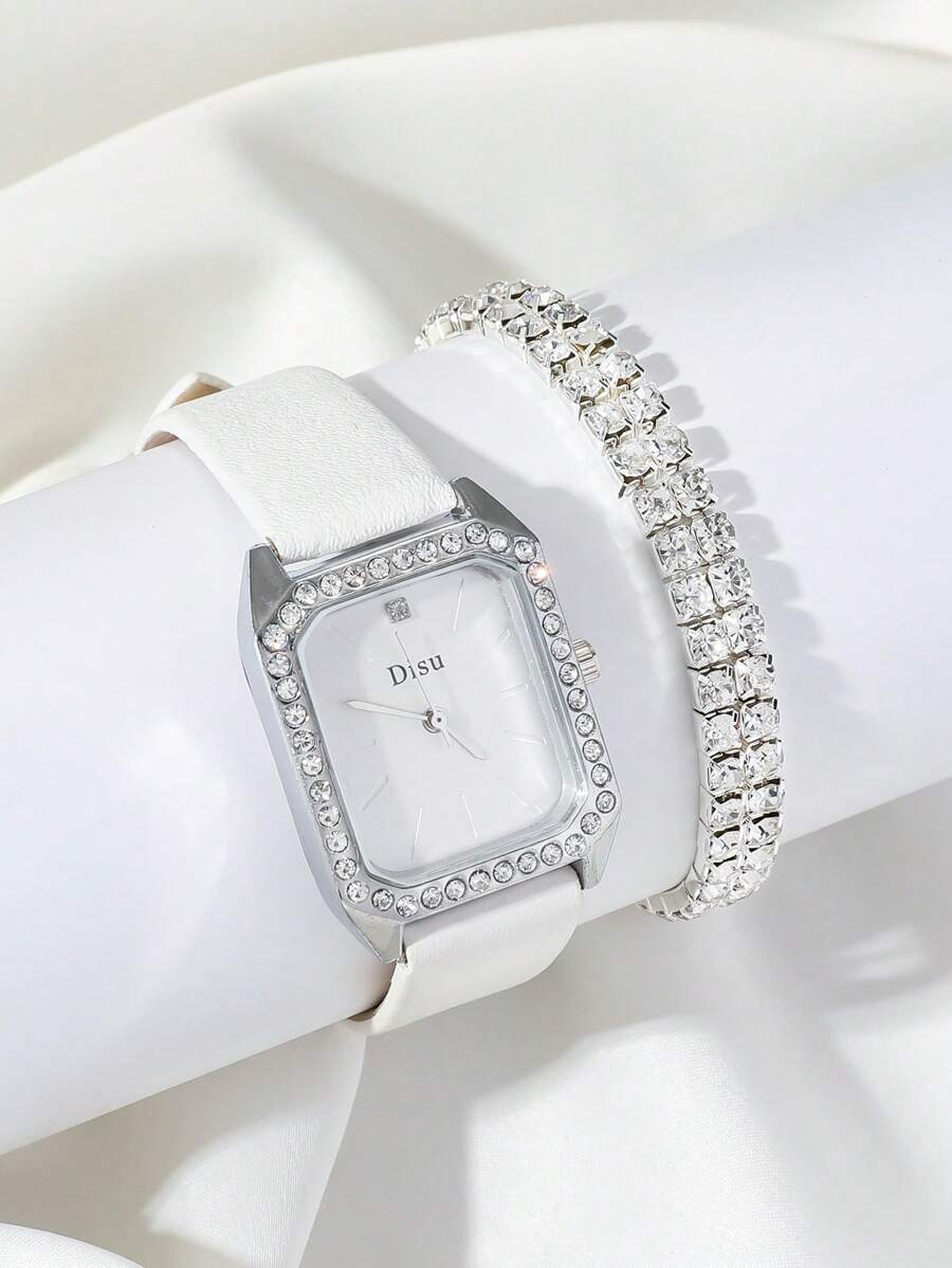 SHEIN DISU ساعة نسائية كوارتز مربعة سوار مزدوج ماس حزام أبيض