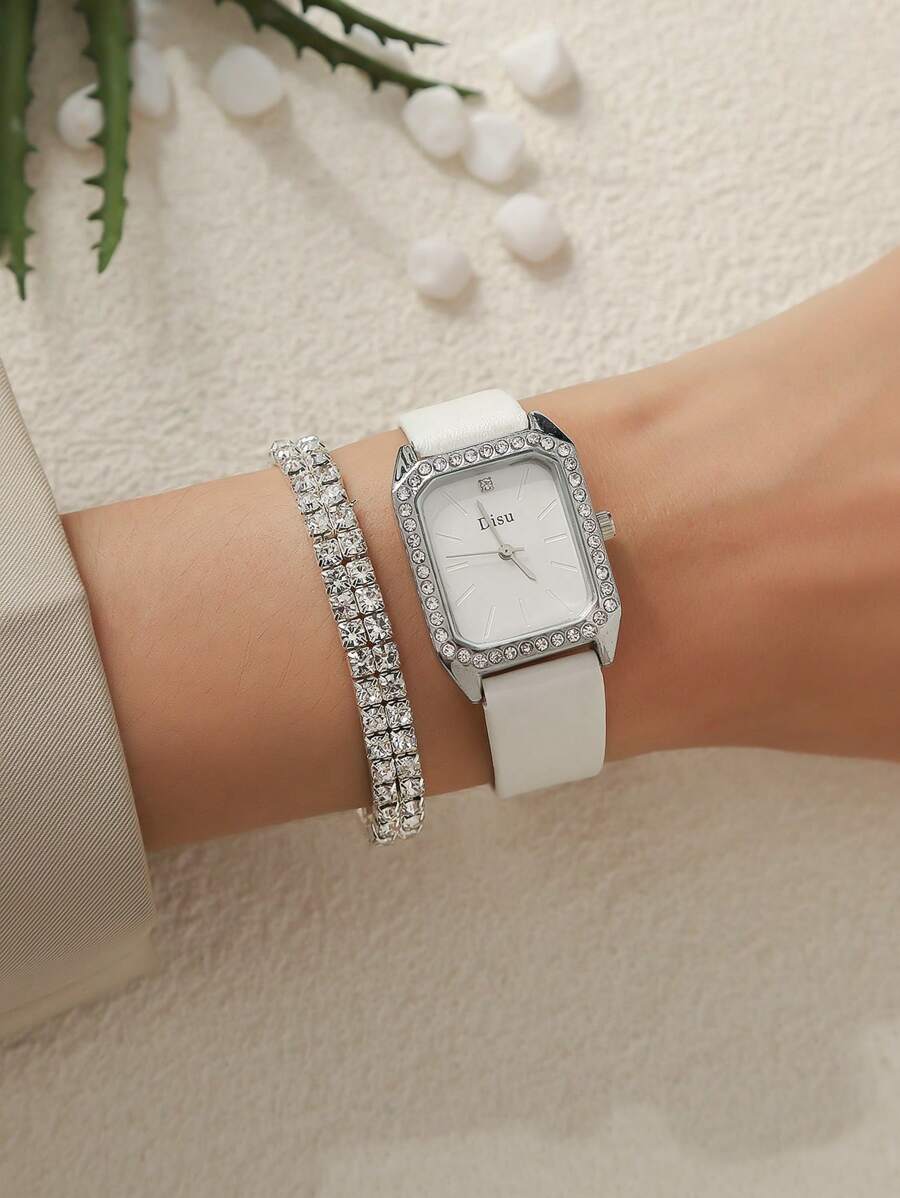 SHEIN DISU ساعة نسائية كوارتز مربعة سوار مزدوج ماس حزام أبيض