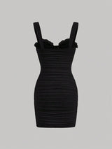 SHEIN MOD فستان كامي أسود ضيق مقلم بهدب وتجاعيد