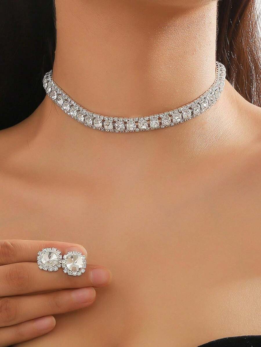 SHEIN مجموعة مجوهرات فضي عقد وأقراط بلورية