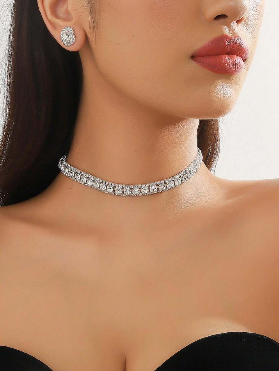 SHEIN مجموعة مجوهرات فضي عقد وأقراط بلورية