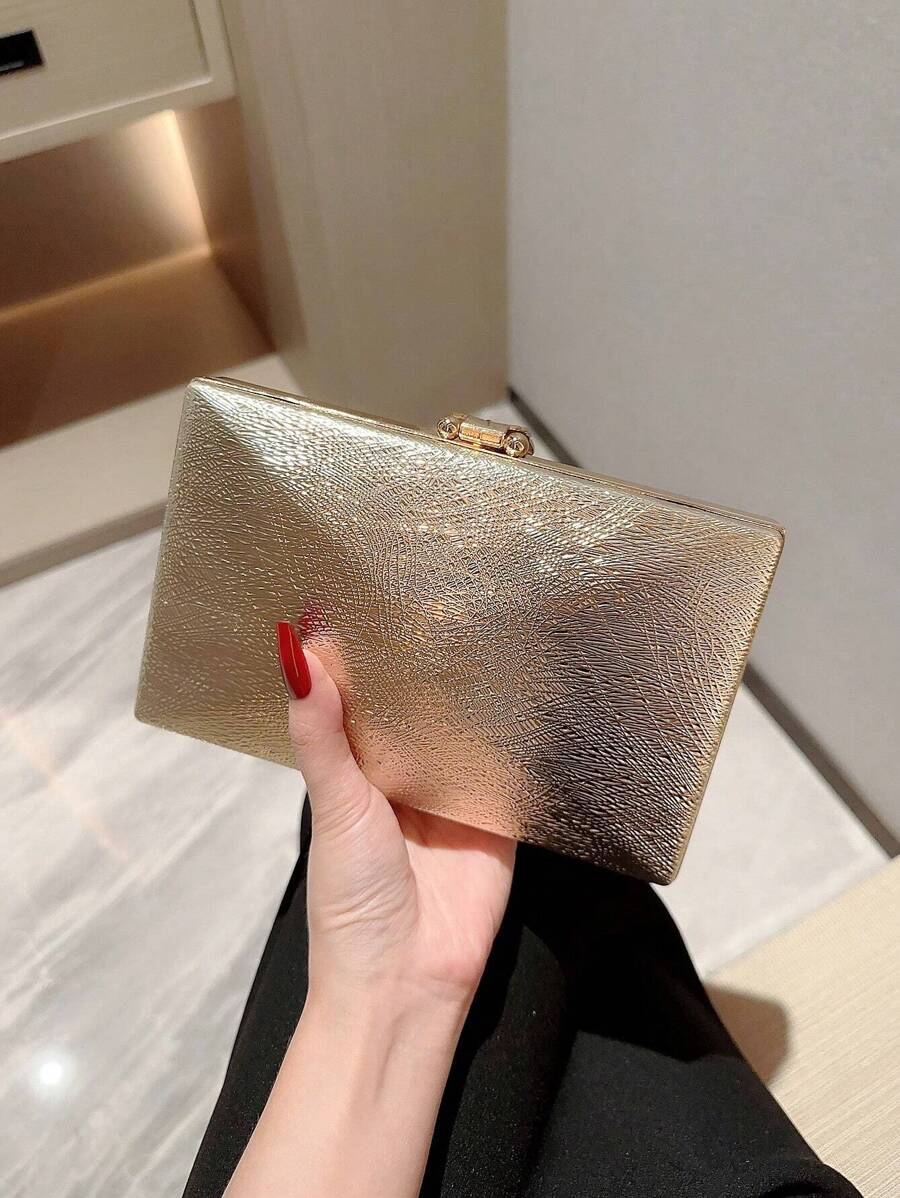 SHEIN Moonlit EveBag حقيبة صندوقية معدنية براقة بقفل بشكل ورقة
