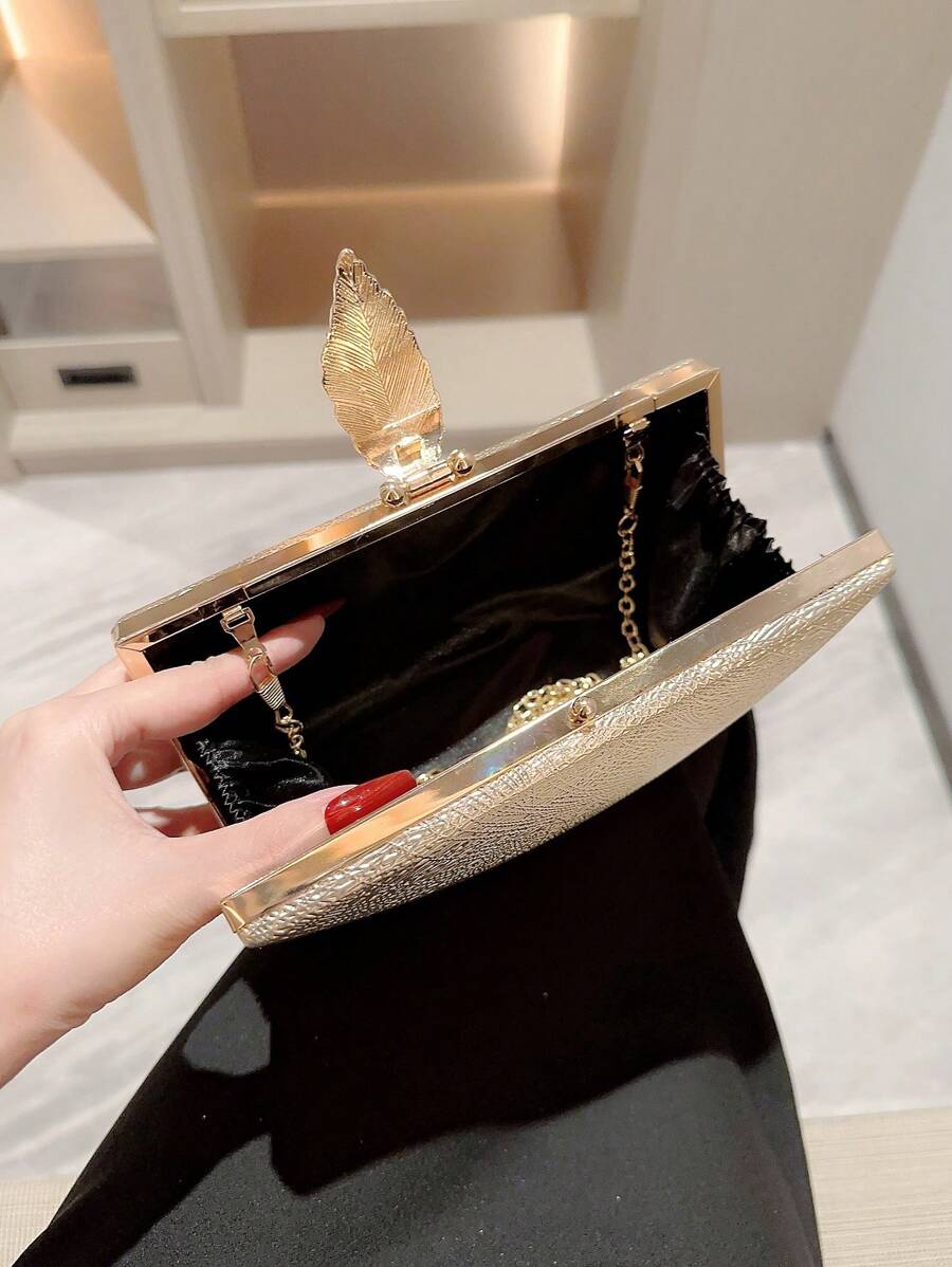 SHEIN Moonlit EveBag حقيبة صندوقية معدنية براقة بقفل بشكل ورقة