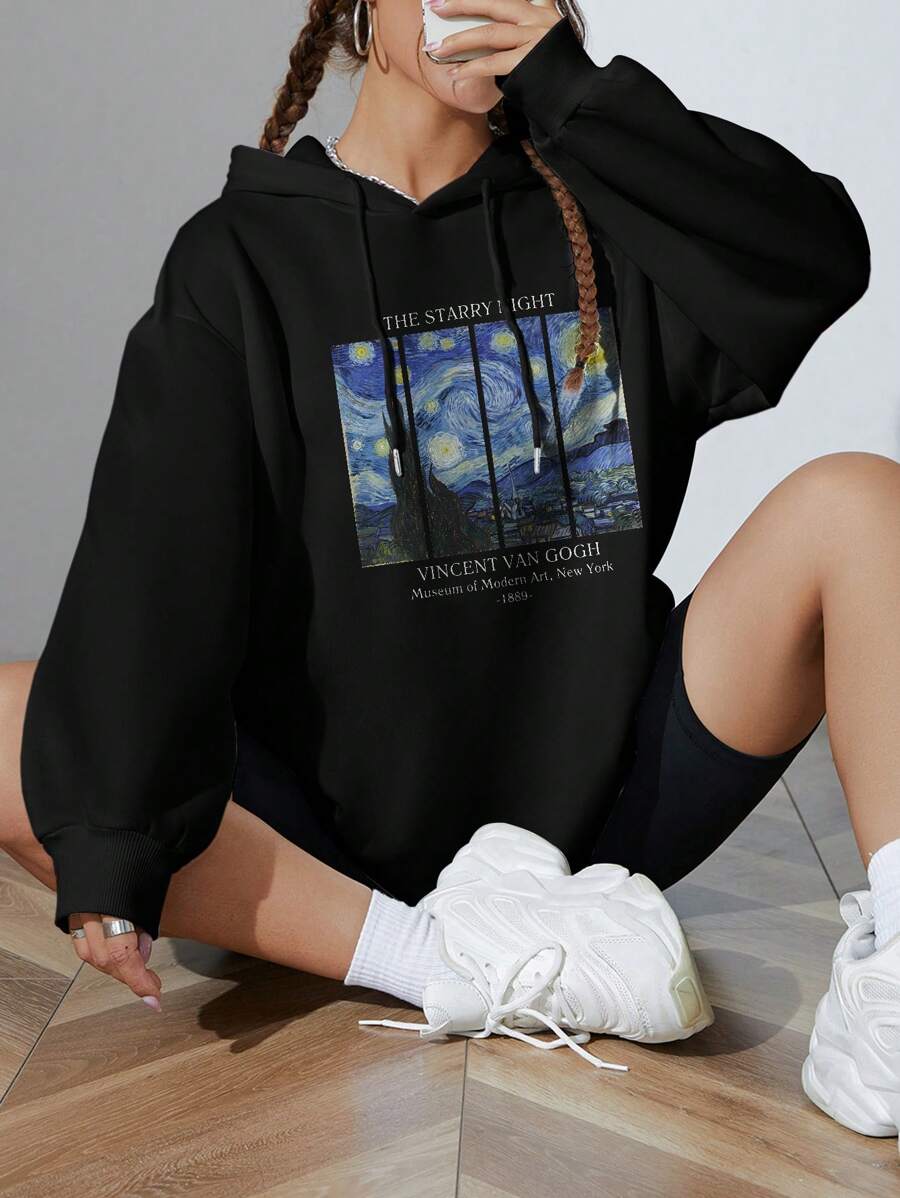 SHEIN INAWLY هودي اسود بأكمام واسعة مزخرف مبطن حرارياً