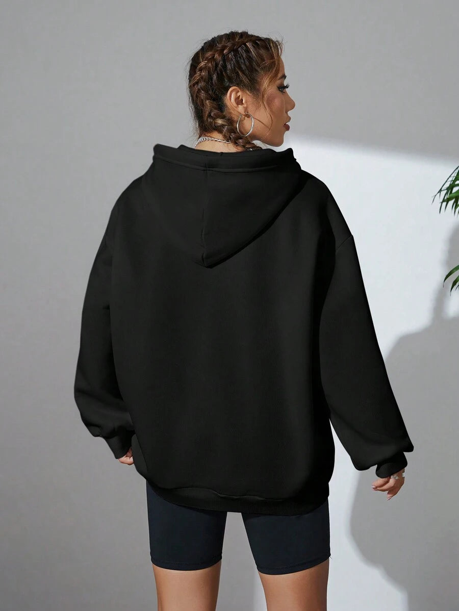 SHEIN INAWLY هودي اسود بأكمام واسعة مزخرف مبطن حرارياً
