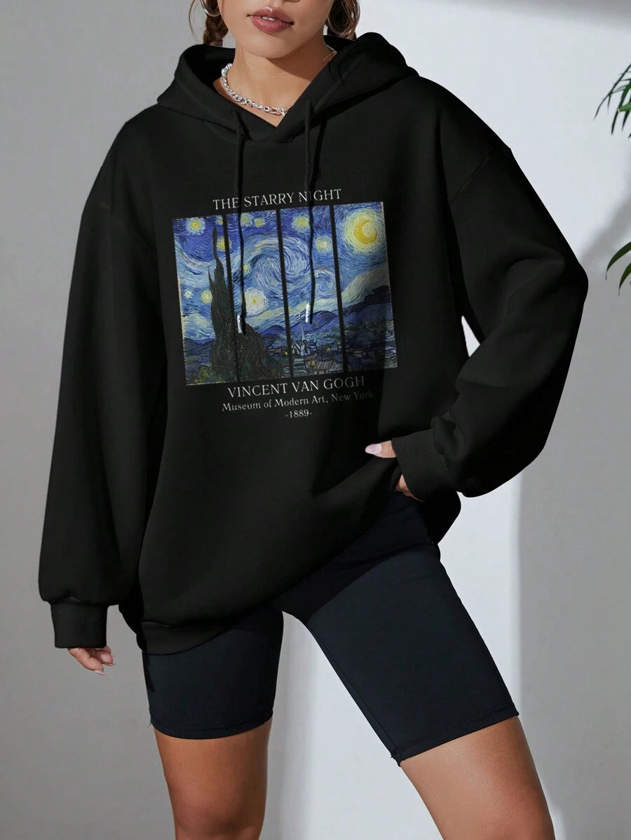 SHEIN INAWLY هودي اسود بأكمام واسعة مزخرف مبطن حرارياً