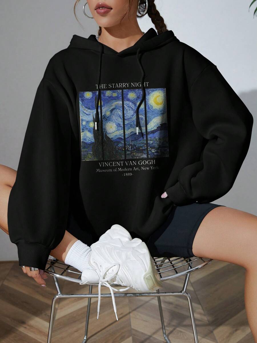 SHEIN INAWLY هودي اسود بأكمام واسعة مزخرف مبطن حرارياً