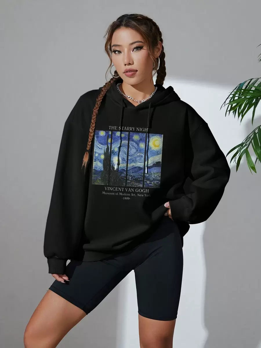 SHEIN INAWLY هودي اسود بأكمام واسعة مزخرف مبطن حرارياً