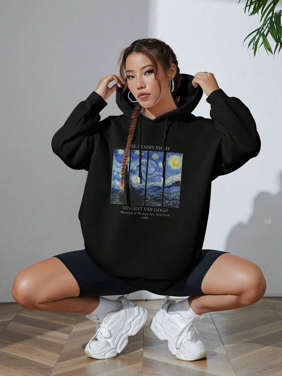 SHEIN INAWLY هودي اسود بأكمام واسعة مزخرف مبطن حرارياً