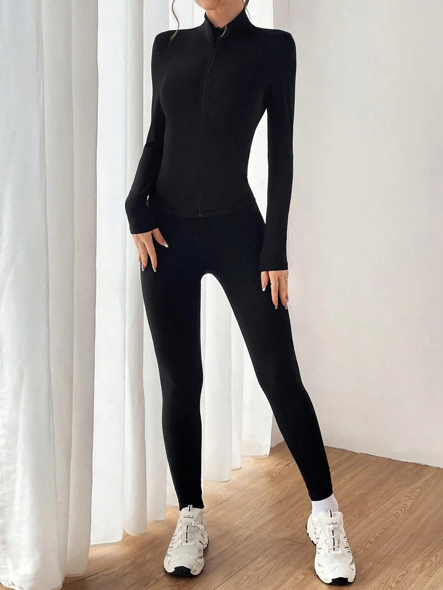 SHEIN EZwear طقم رياضي قطعتين أسود بجاكيت سحاب وتايتس