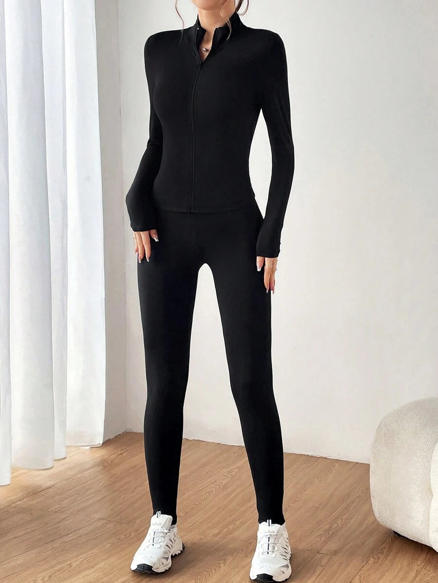 SHEIN EZwear طقم رياضي قطعتين أسود بجاكيت سحاب وتايتس