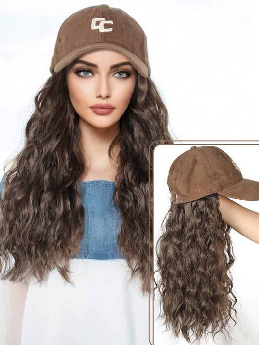 SHEIN باروكة شعر بني طويل متموجة مع قبعة بيسبول
