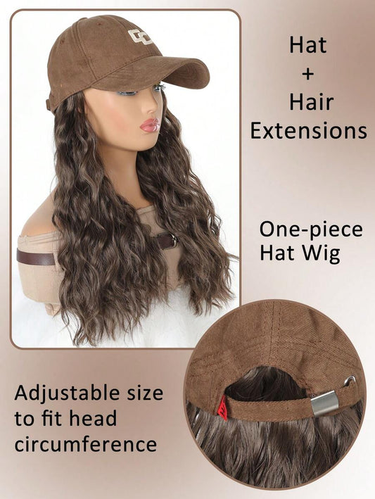 SHEIN باروكة شعر بني طويل متموجة مع قبعة بيسبول