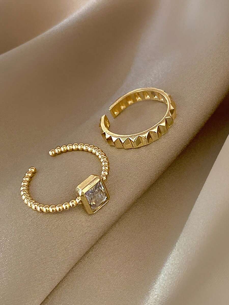 SHEIN طقم 2 خواتم ذهبية مفتوحة من الزركونيا المربعة