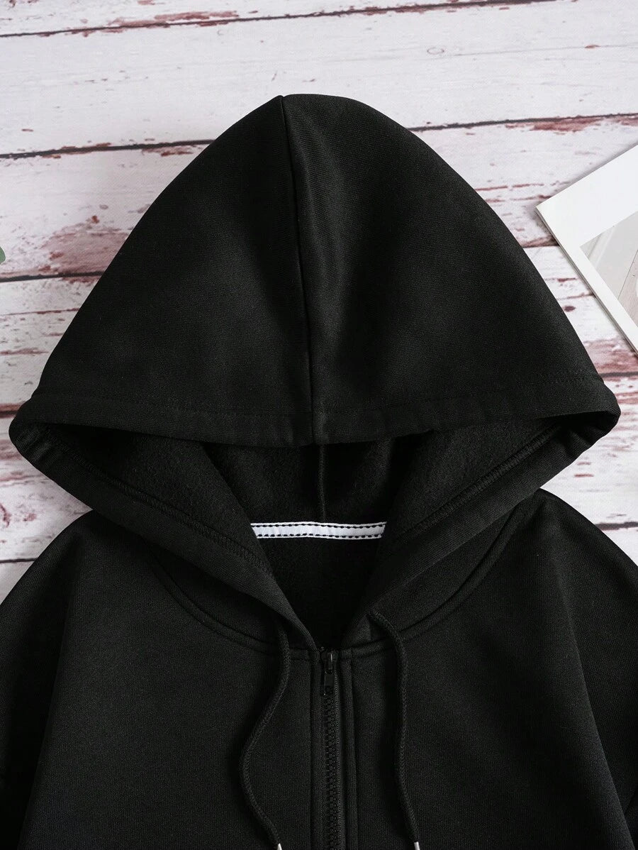 SHEIN INAWLY سويت شيرت اسود بسحاب وغطاء رأس