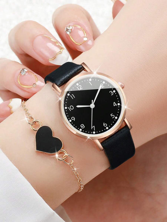SHEIN ساعة نسائية سوداء جلدية أنيقة مع سوار قلب