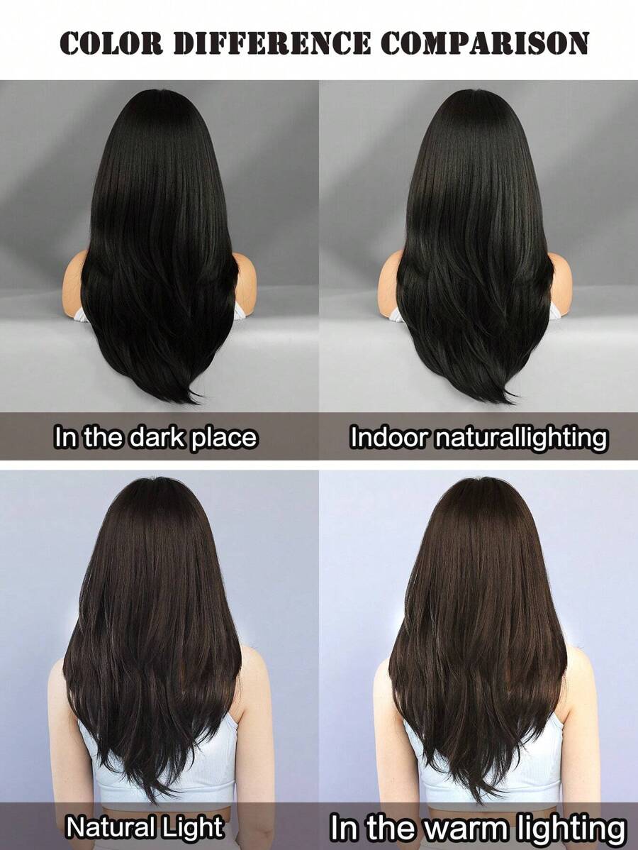 SHEIN باروكة شعر صناعي طويل 24 بوصة بني داكن مموج مع غرة