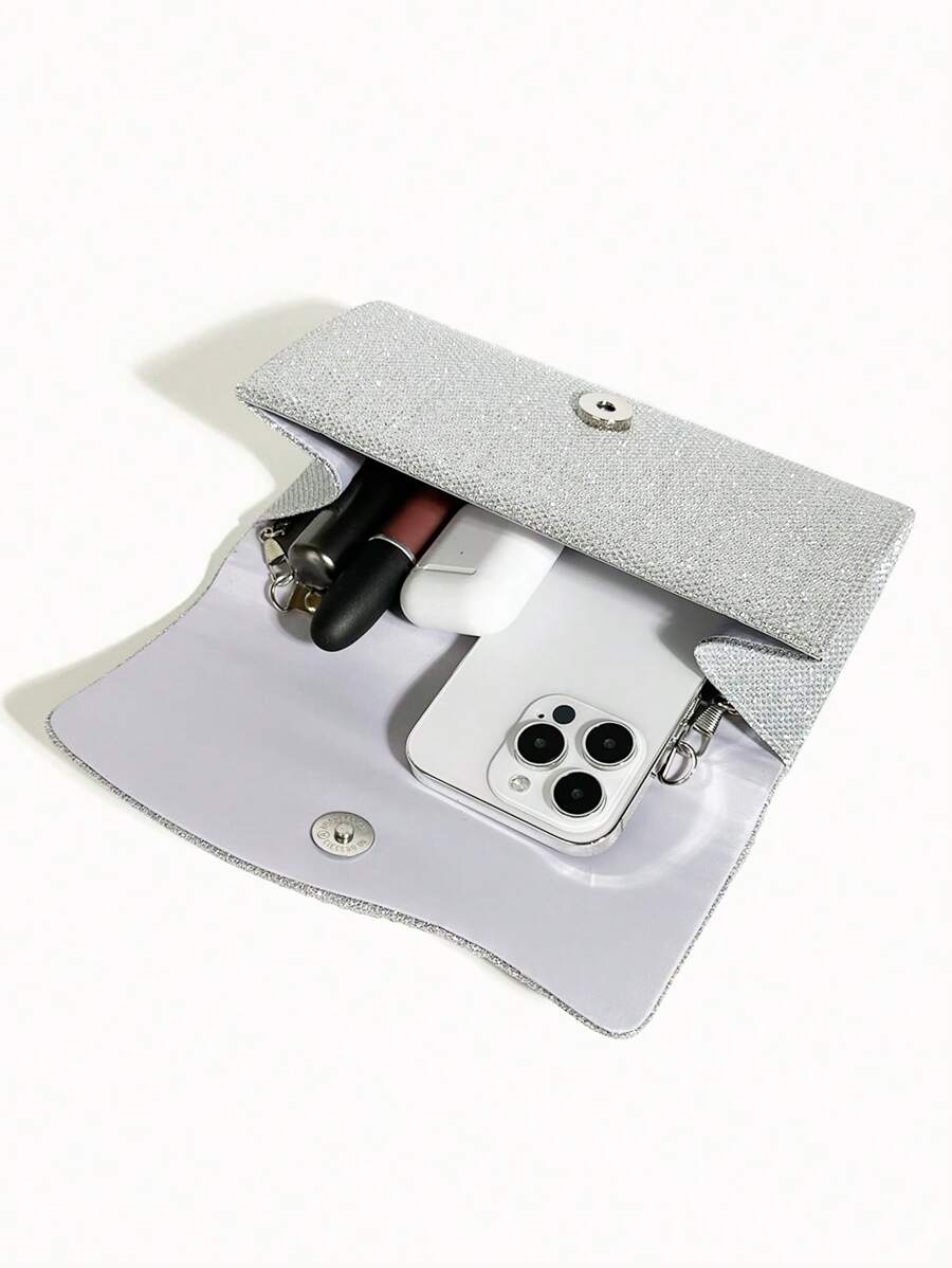 SHEIN حقيبة دلو فضية مزينة بالراين ستون