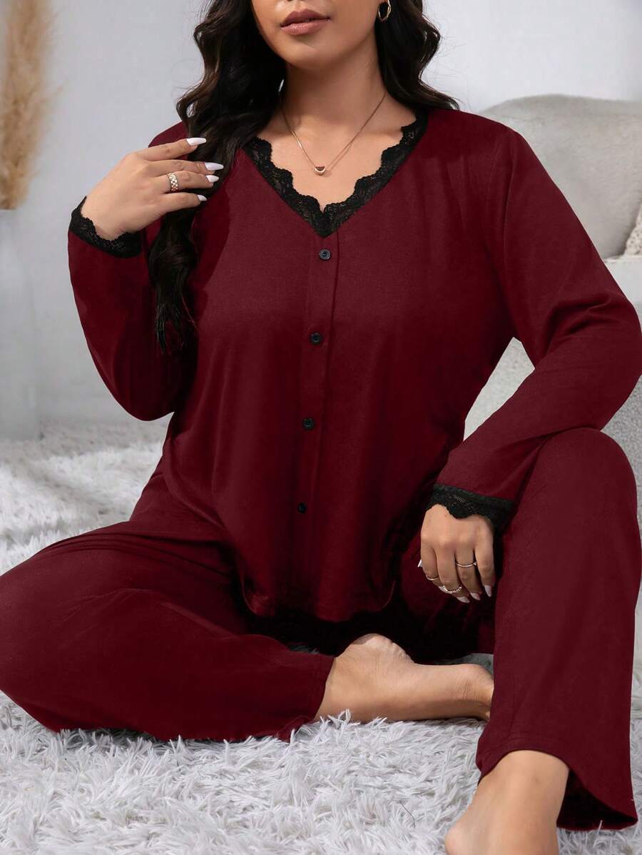 SHEIN طقم بيجامة دانتيل باللون العنابي