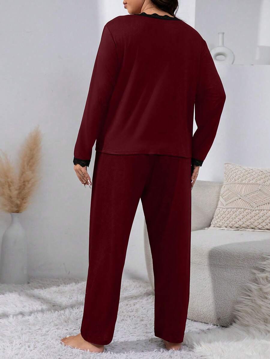 SHEIN طقم بيجامة دانتيل باللون العنابي