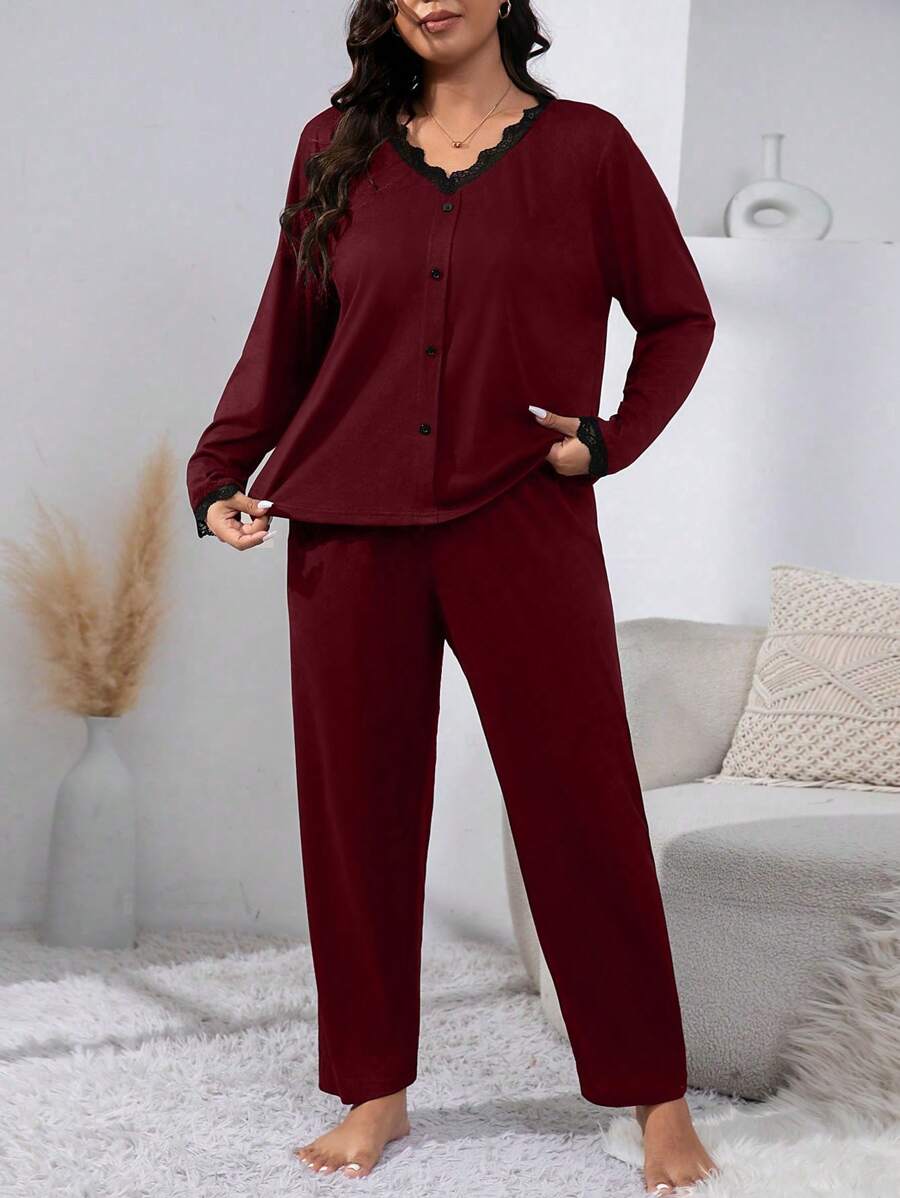 SHEIN طقم بيجامة دانتيل باللون العنابي