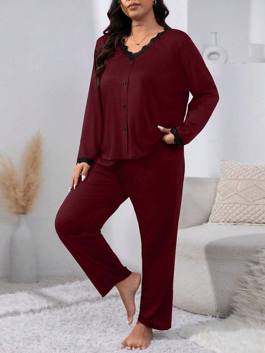 SHEIN طقم بيجامة دانتيل باللون العنابي