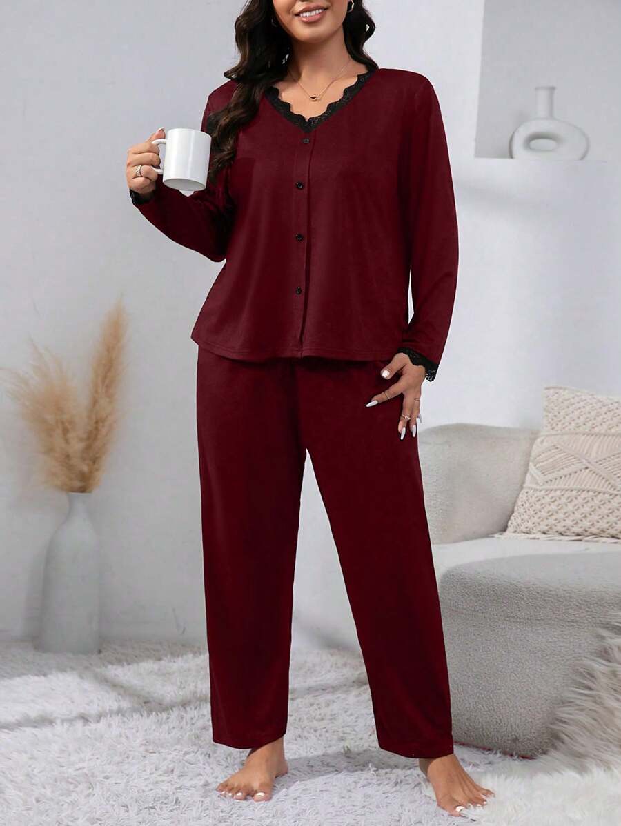 SHEIN طقم بيجامة دانتيل باللون العنابي