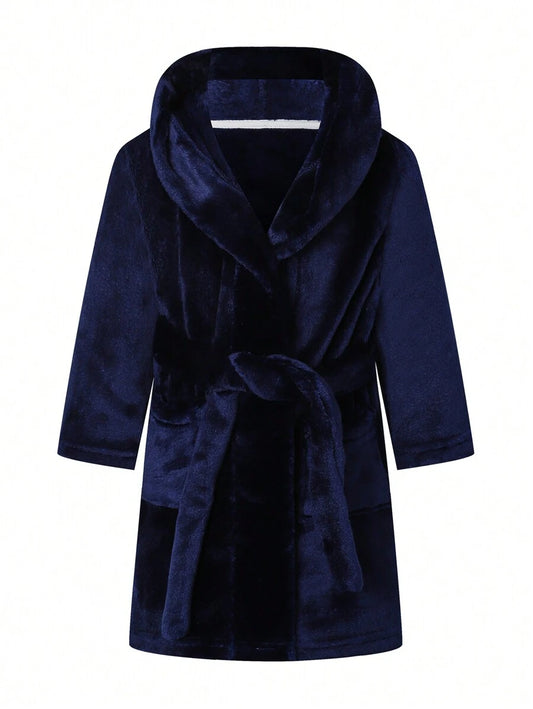 SHEIN رداء استحمام أولادي أزرق داكن بأكمام طويلة وحزام خصر